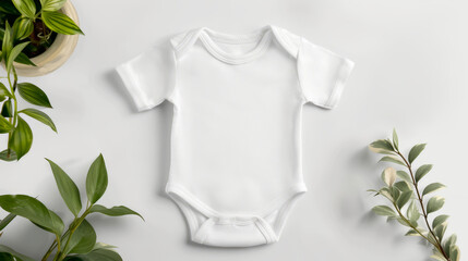 Blank White Baby Onesie Surrounded by Fresh Greenery, Perfect Mockup for Custom Clothing Design