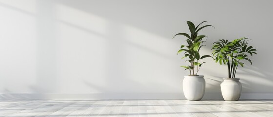 Two large potted plants bring life to a spacious room with their refreshing greenery and lively shadows.