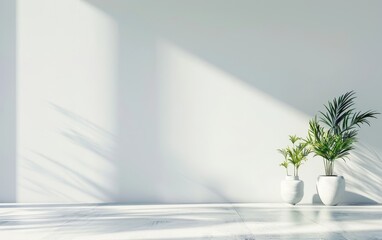 A minimalist decor scene with two vases and plants, highlighted by the stark interplay of light and shadow on a white floor.