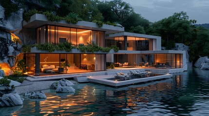 a contemporary waterfront retreat, its expansive glass windows and minimalist design framing...