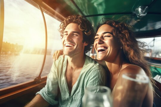 Couple lover travel and relax in the honeymoon trip on in yacht. Young couple relaxing on the yacht cruise. Travel adventure, yachting vacation. Generative AI.