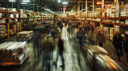 worker warehouse managing boxes in motion blur a distribution warehouse  conveyor belt stretching across the scene, lined with neatly arranged cardboard box packages