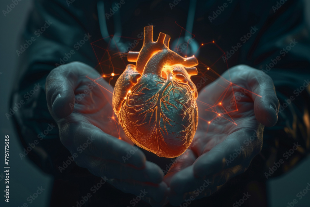 Poster a highly stylized representation of a human heart held in hands, illuminated with glowing outlines a