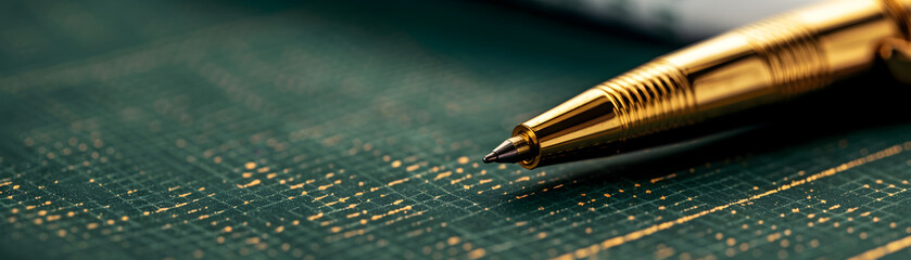 A pen is sitting on a green surface with a pattern on it. The pen is gold and has a black tip. Concept of focus and attention to detail, as the pen is placed precisely on the surface - Powered by Adobe