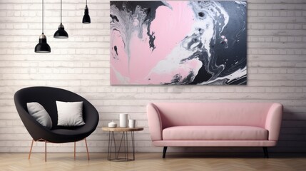 Modern living room interior design with abstract painting on the wall. Generative AI