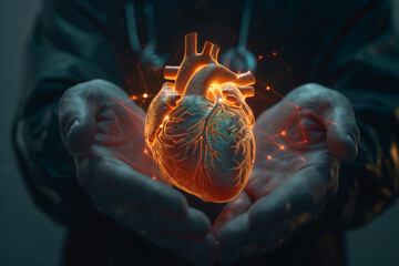 a highly stylized representation of a human heart held in hands, illuminated with glowing outlines and connected by dynamic, abstract geometric shapes suggesting technological or digital augmentation