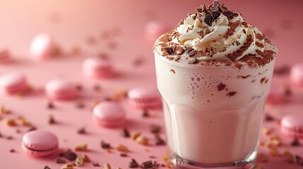 a creamy milkshake on a soft pastel pink background, with a dollop of whipped cream and a sprinkle...