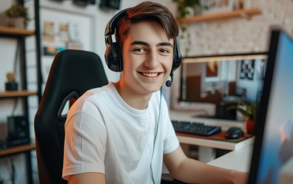 An ecstatic young gamer wearing a headset showcases an enjoyable gaming session, ideal for depicting online entertainment and digital leisure activities.