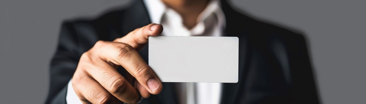Image of a businessman extending a white business card, with a clean, uncluttered solid color wall serving as the backdrop, emphasizing focus on the card.