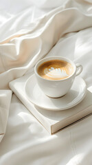 A white coffee cup with a white saucer sits on top of a book. The cup is filled with coffee and has a small leaf design on it