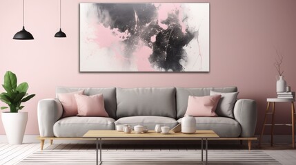 Modern living room interior design with abstract painting on the wall. Generative AI