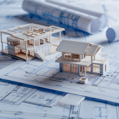 A model of a house is sitting on top of blueprints. The house is white and has a slanted roof
