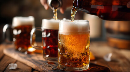 Pouring Fresh Beer into Glasses with Frothy Heads on a Rustic Table - obrazy, fototapety, plakaty