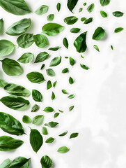 Fresh Green Basil Leaves Scattered on White Background