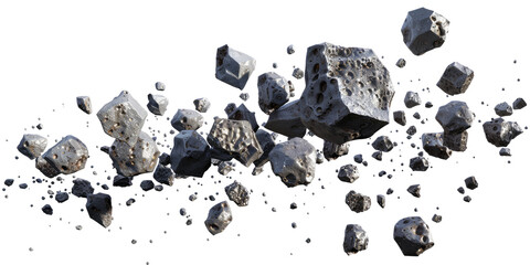 Asteroids 3d stones pieces isolated on transparent background, clipart, cutout, png.
