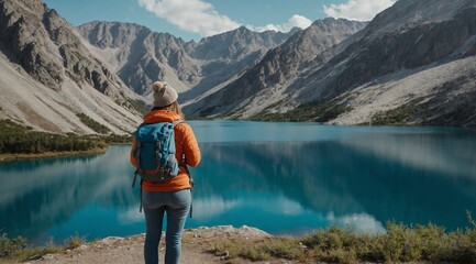 Back view of a woman standing alone near a river and big mountains.