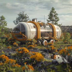 Image of a futuristic mycoremediation unit deploying spores in a polluted area for soil recovery, 3D illustration