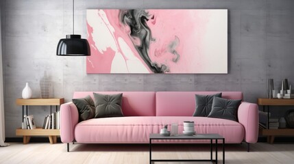 Modern living room interior design with abstract painting on the wall. Generative AI