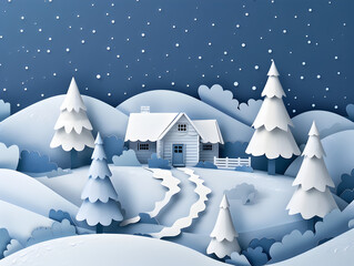 Fototapeta premium Blue White Winter Christmas Cut Paper Scene