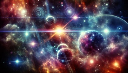 Space fantastic abstract background with stars, planets, flares. Outer space, photo wallpaper....