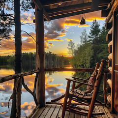 A wooden porch overlooking a lake with a sunset in the background. A rocking chair is sitting on the porch