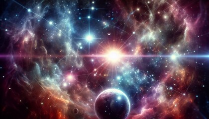 Space fantastic abstract background with stars, planets, flares. Outer space, photo wallpaper....