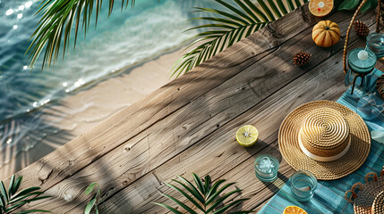 Tropical Beach with sunbathing accessories, summer holiday background and copy space, ai generated - obrazy, fototapety, plakaty