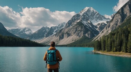 Back view of a man standing alone near a river and big mountains. - obrazy, fototapety, plakaty