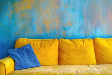 Comfortable Yellow Couch in an Ascetic Apartment with Bright Blue Wall Background