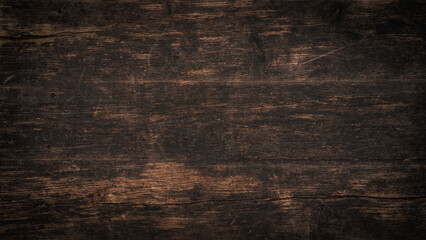Old brown rustic dark grunge grain wooden timber hardwood wall or floor or table texture - wood background banner with vignette - obrazy, fototapety, plakaty