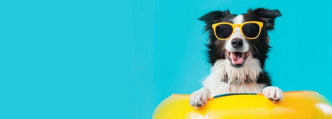 Happy dog in sunglasses with inflatable ring on blue background, banner for summer vacation concept. Space for text. - obrazy, fototapety, plakaty