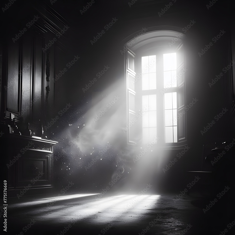 Poster window in a dark room with white fog and light coming through it generated by ai