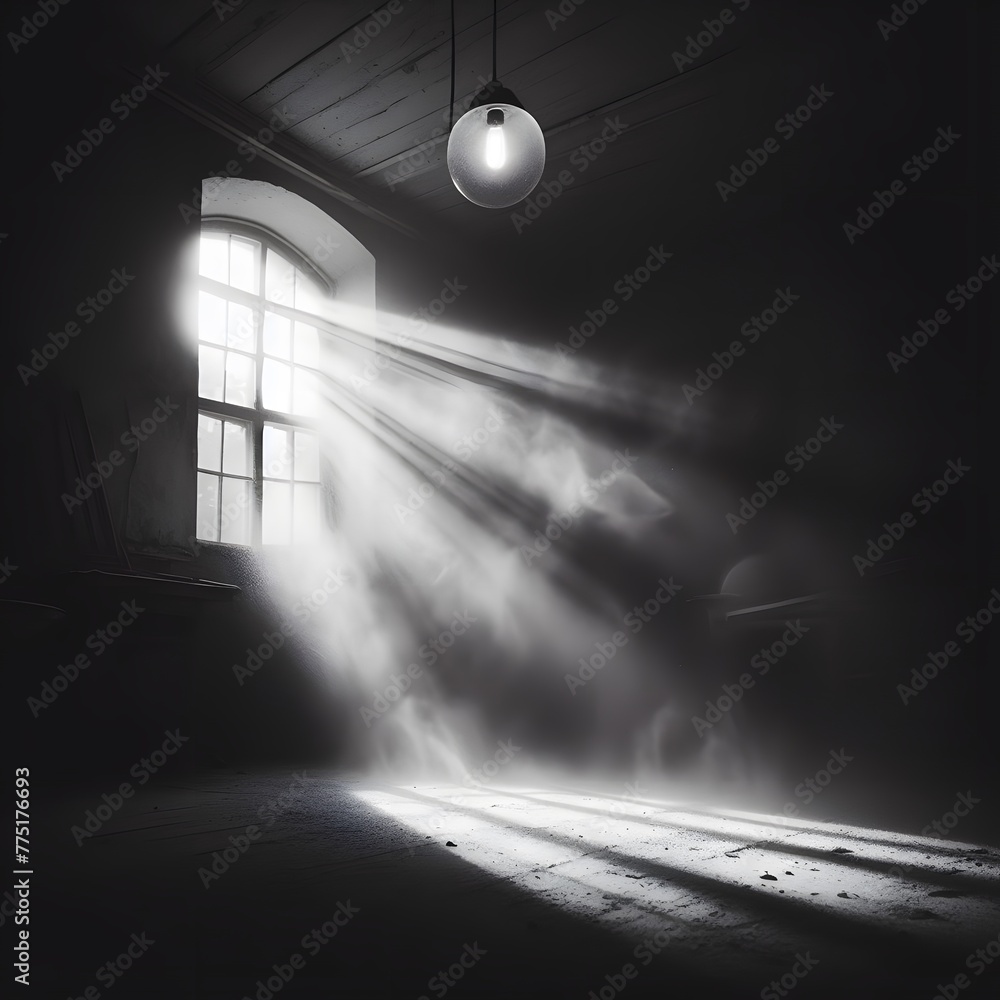 Poster window in a dark room with white fog and light coming through it generated by ai