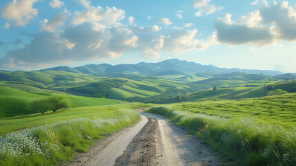 Fototapeta na wymiar A rural road passing through rolling green hills