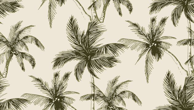Abstract tropics seamless pattern. Grunge palm trees silhouettes transparent texture background. Exotic illustration for summer design, beach swimwear fabric, wallpaper.