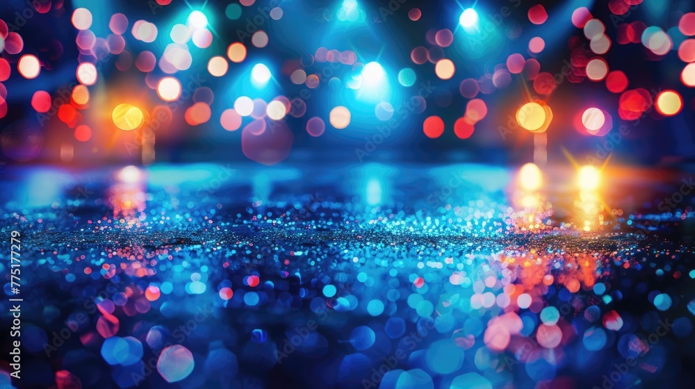 Poster empty concert venue on abstract blue background with neon lights. bright and colourful bokeh of a cl