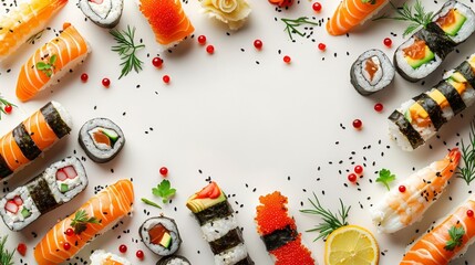 Assorted Japanese food, nigiri sushi and a large set of maki.