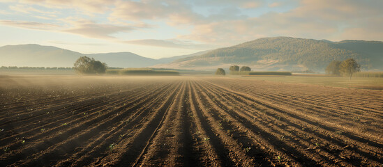 Freshly plowed field against the background of the sunset. Eco-friendly farming - obrazy, fototapety, plakaty