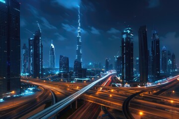 Fototapeta na wymiar Evening Overview of Dubai Skyline with Panoramic View of Business Towers and Traffic on Highways at Night