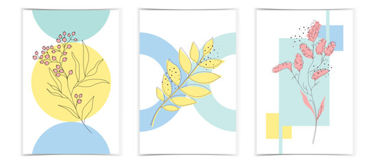 Set of three pictures with leaves anf flowers on colourful geometry background, vector illustration