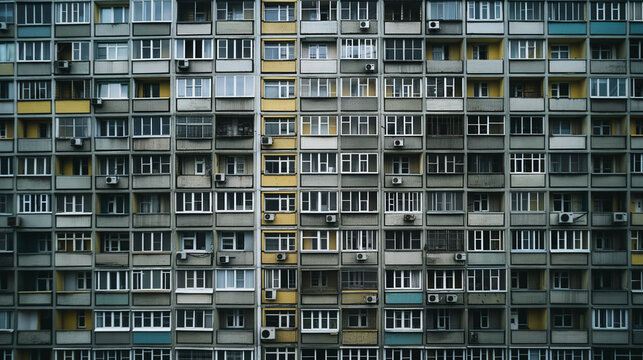The geometric pattern facade of a densely packed apartment building creates a monotonous urban texture.