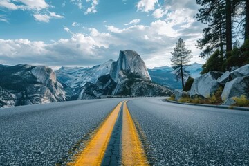 Exploring National Park: Road to Glacier Point with Half Dome in the Background - obrazy, fototapety, plakaty