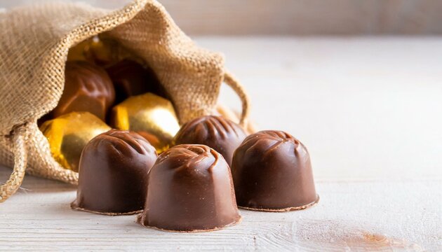 Chocolates (bonbons) in a bag on a wooden table. Close-up photo.