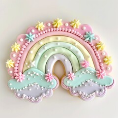 Decorative cookie art featuring pastel rainbow arches and embellished clouds on clean background in playful tone