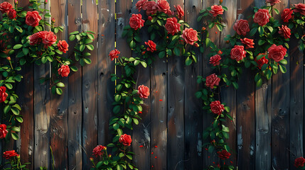 Fototapeta na wymiar A rustic wooden fence adorned with climbing roses