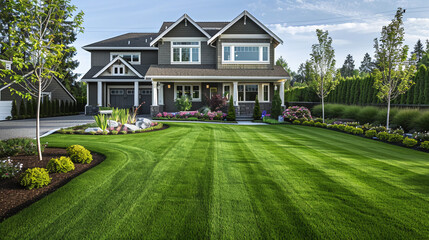 Upscale suburban home with an immaculate yard, lush green grass, and beautiful landscaping. - obrazy, fototapety, plakaty
