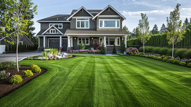 Upscale suburban home with an immaculate yard, lush green grass, and beautiful landscaping.