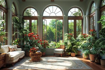 Fototapeta na wymiar Bright and airy sunroom filled with plants and natural lightup32K HD