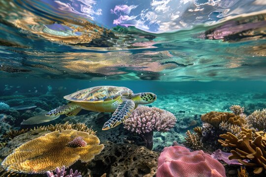 Graceful Green Sea Turtle Glides Through Coral Reef in the Stunning Underwater World of South Pacific Ocean