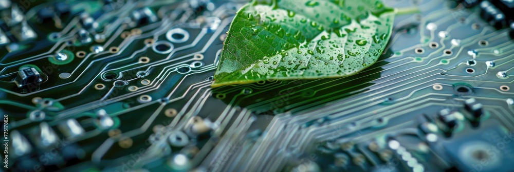 Poster green computing: the convergence of nature and technology. eco-friendly concept with green leaf on c